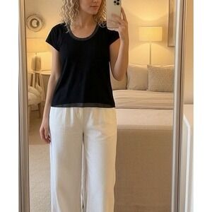 Sacai Luck Women's Size M Black T-Shirt Ribbon Trim Scoop Neck Tee Jersey Top